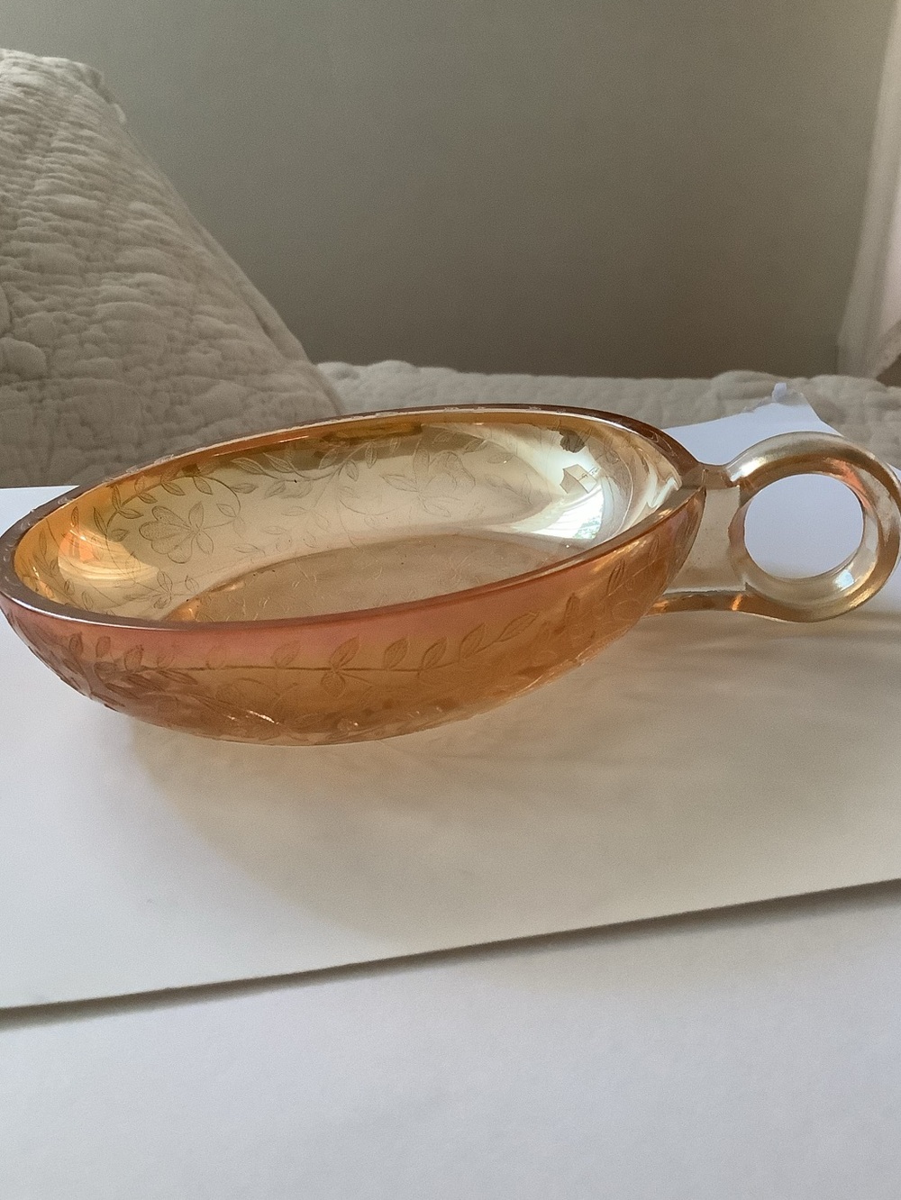 Vintage Jeanette glass, flora, gold, single-handed candy Dish